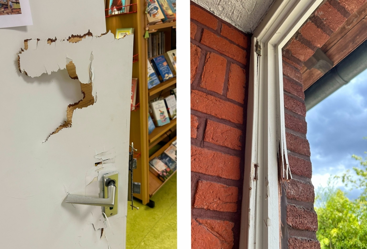 Türen und Fenster wurden massiv beschädigt. Die Täter haben in mehreren Räumlichkeiten in dem Pfarrheim gewütet.
