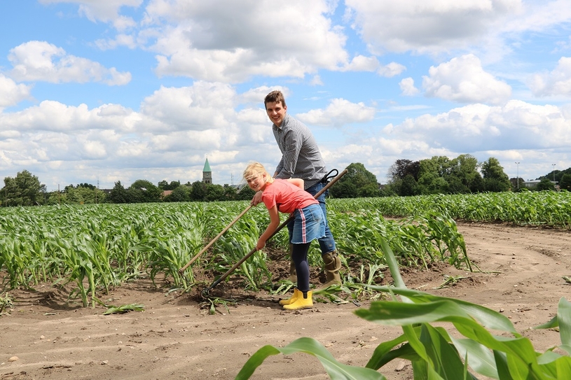 Felix Miermann und seine Cousine geben dem Maislabyrinth den letzten Schliff. Bald können die ersten Besucher kommen.
